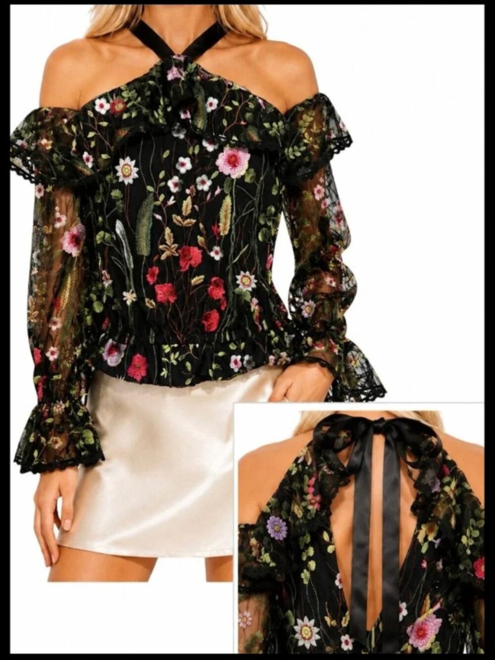 Alexis Kylie Top Black Floral Embroidered Mesh M
